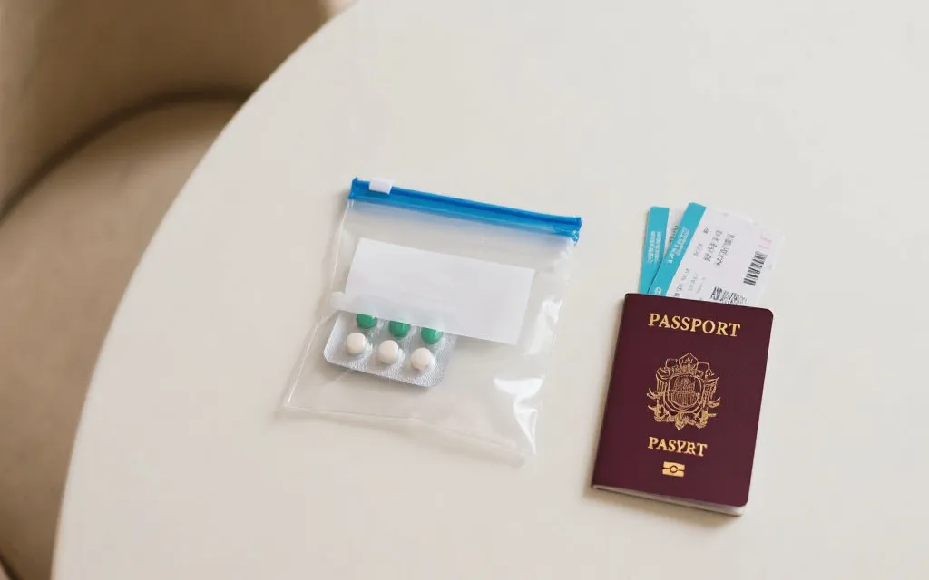 旅行者在桌面整理观赛物品与文件清单，突出核实流程与出发前准备