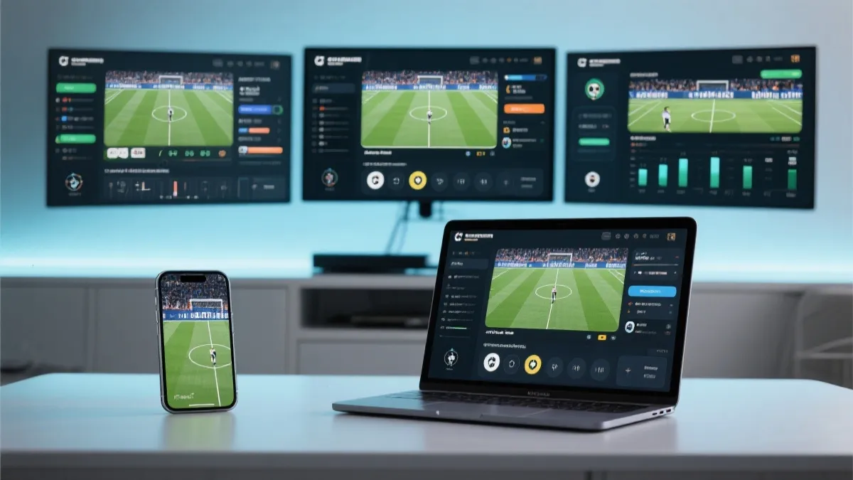 手机、笔记本与电视三屏展示同一场足球直播的画面，体现设备选择与清晰度设置